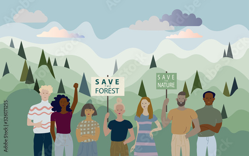 Group of people on a background of green forest hills. Demonstration against global warming, action to protect the environment.