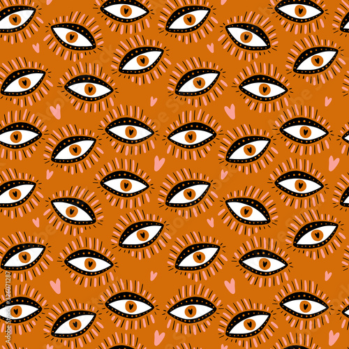 Seamless pattern illustration with witch eyes and stars. Vector EPS