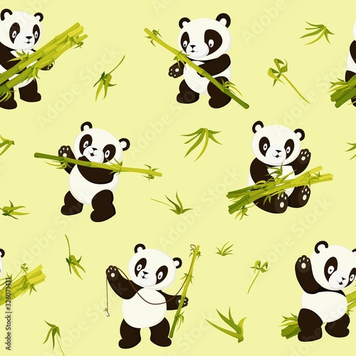 Kawaii panda bears. Cute pandas in various poses seamless pattern