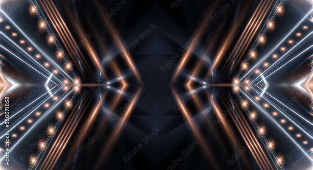 Dark empty scene with rays and spotlights. Night abstract blue background with warm light. Neon light, reflection. Dark empty scene with rays and spotlights. Night abstract blue background with warm light. Neon light, reflection.
