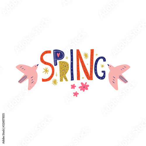 Spring lettering greeting card. Birds with folk nordic floral ornaments. Paper cut animals in flat modern scandinavian style. Hand drawn colored set. Hygge and lagom design concept. Vector EPS