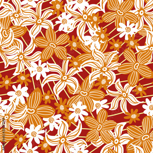 Rust orange red and white graphic floral seamless vector pattern. Decorative feminine surface print design. Great for fabrics, stationery and packaging.