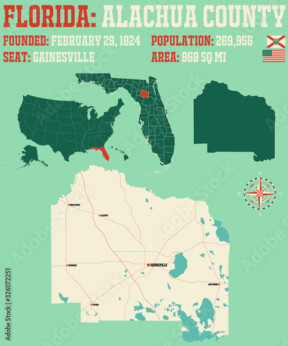 Large and detailed map of Alachua county in Florida, USA.