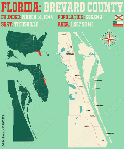 Large and detailed map of Brevard county in Florida, USA.