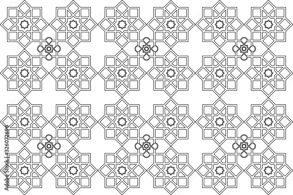 Black and white 2D CAD drawing of Islamic pattern. Islamic patterns use elements of geometry that are repeated in their designs. Black and white 2D CAD drawing of Islamic pattern. Islamic patterns use elements of geometry that are repeated in their designs.