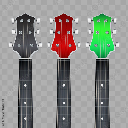 Set of Rock Electro Guitars neck fretboard and headstock. Vector Illustration isolated on white background.