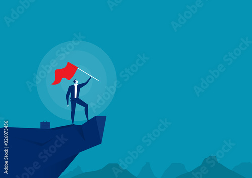 Businessman with red flag on top mountain peak.  Goal achievement, leadership concept vector illustrator.
