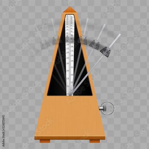 Classic Metronome with pendulum in motion. Vintage wooden style. Equipment of music and beat mechanism. Vector Illustration isolated on transparent background.