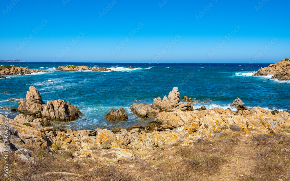 Panoramic view of Capo Figari cape rocks and seashore of Spiaggia di Cala  Spada beach at the Tyrrhenian Sea coast in Golfo Aranci, Sardinia, Italy  Stock Photo | Adobe Stock