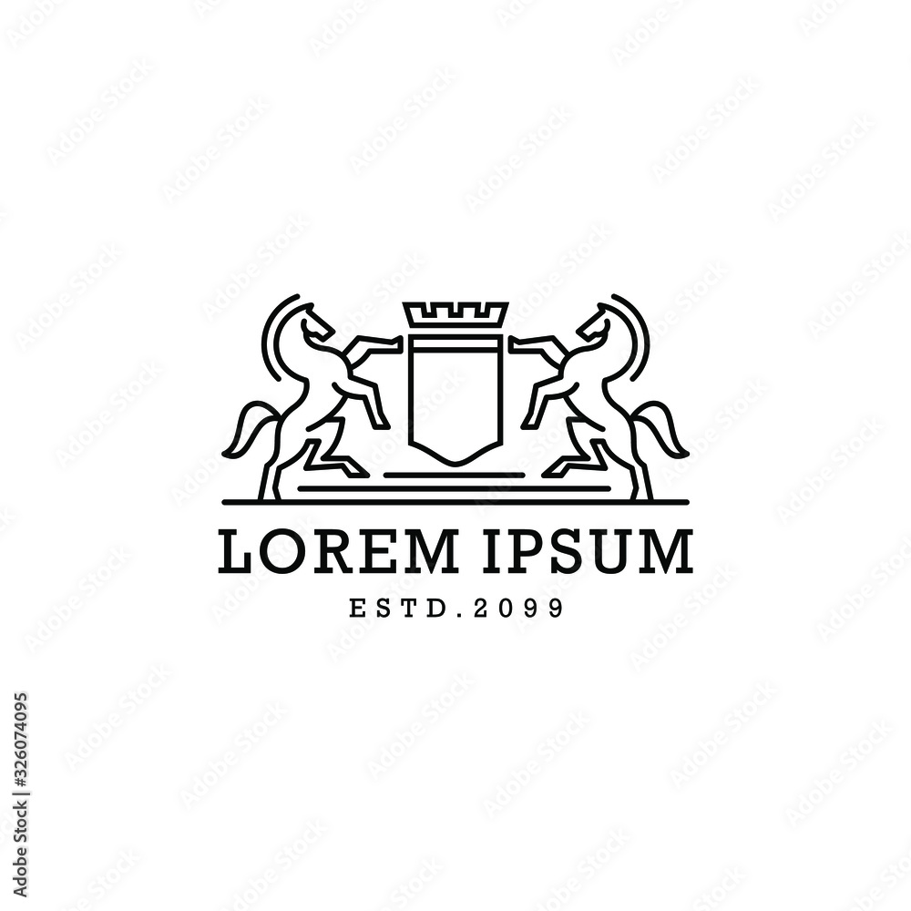 heraldic kingdom stallion standing horse crest shield line art outline logo vector template heraldic kingdom stallion standing horse crest shield line art outline logo vector template
