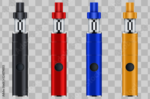 Set of Vaping pen device kit and mod. Sample model. Vector illustration isolated on transparent background.