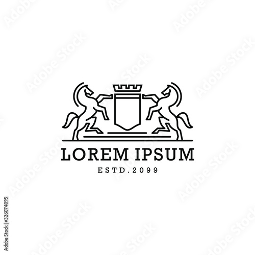 heraldic kingdom stallion standing horse crest shield line art outline logo vector template