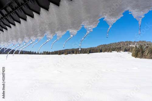 Icicles on the roof . Around Oravice. Tatry. Slovakia. photo