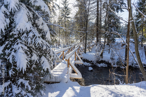 Snow-covered bridge in a mountain forest. Around Oravice. Slovakia. photo