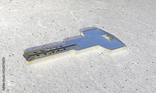 3d rendering house key with stone background