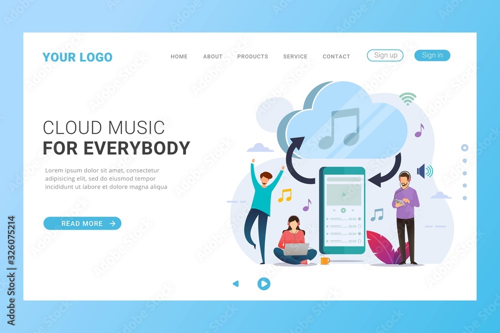 Landing page template online music app with mobile device design concept