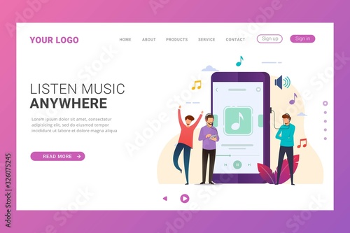 Landing page template online music app with mobile device design concept