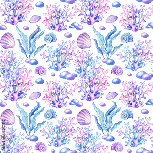 Watercolor seamless pattern with shells.