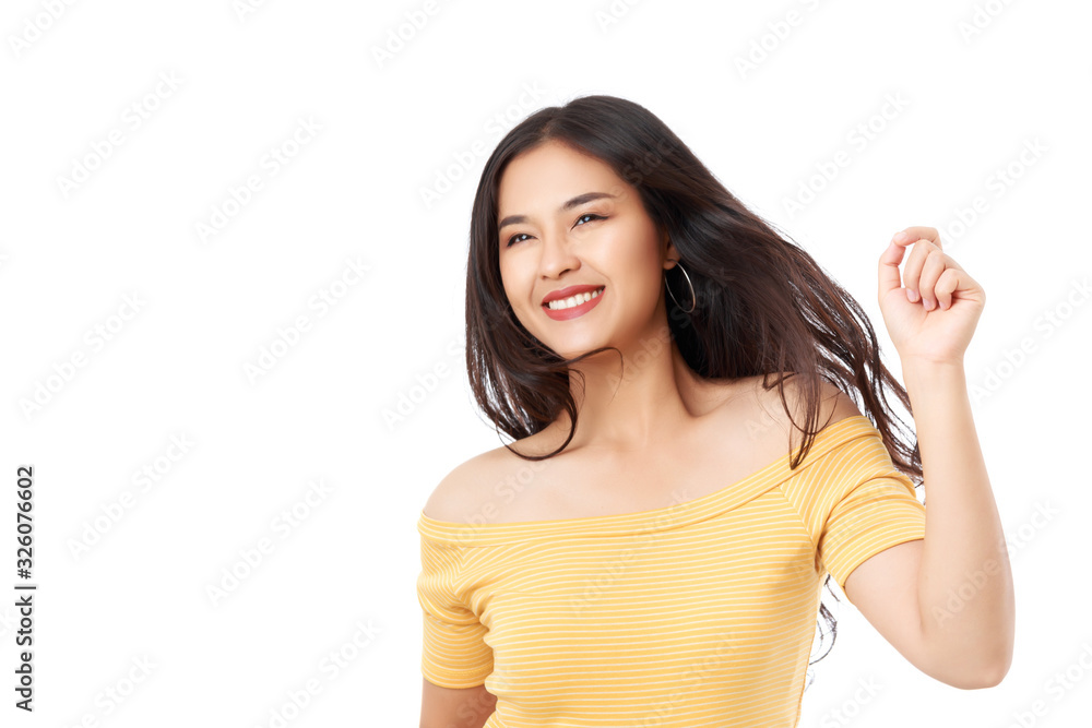 Young attractive Asian woman wearing yellow t-shirt moving jumping forward with happy smiley face isolated on white background. Young attractive Asian woman wearing yellow t-shirt moving jumping forward with happy smiley face isolated on white background.
