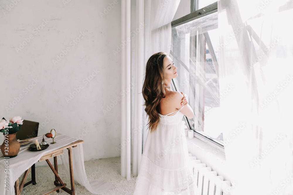 Portrait of a young beautiful woman. Bride in elegant classic wedding dress. Morning of the bride. Wedding preparations. Portrait of a young beautiful woman. Bride in elegant classic wedding dress. Morning of the bride. Wedding preparations.