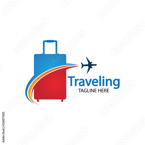 Travel logo, holidays, tourism, business trip company logo design. bag vector with airplane