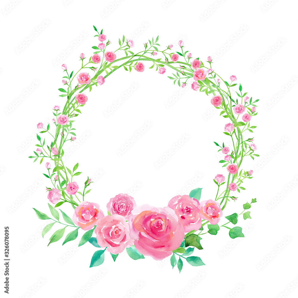 小さい蔓薔薇と大きいバラの丸い装飾フレーム　水彩イラスト