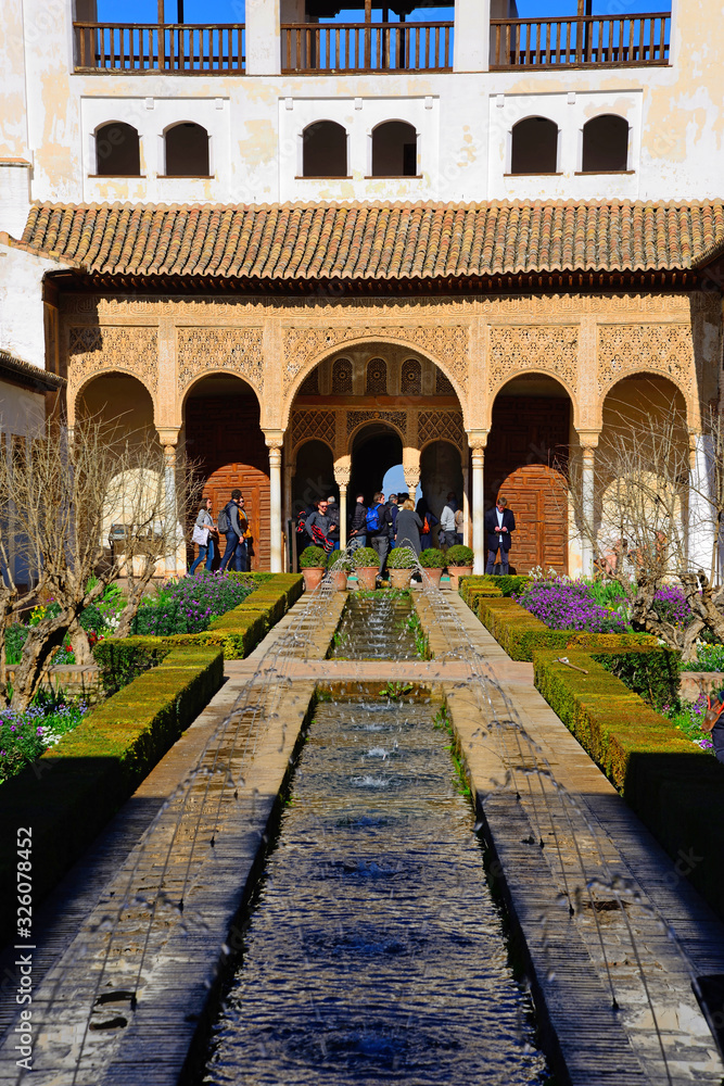 Granada, Spain - February 20, 2020: Patio de la Acequia, La Alhambra, Granada.