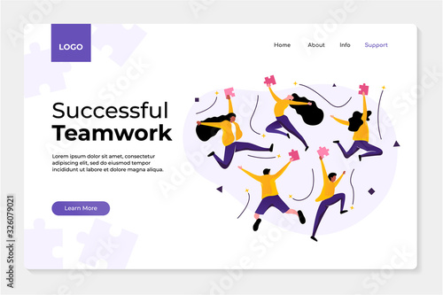 successful teamwork people concept with puzzle illustration. they are happy, jumpng and celebrate. perfect for greeting, landing page. vector graphic ediable template