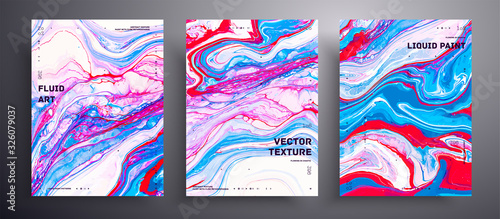 Abstract liquid banner, fluid art vector texture collection. Trendy background that applicable for design cover, invitation, presentation and etc. Blue, red, pink and white creative surface template.