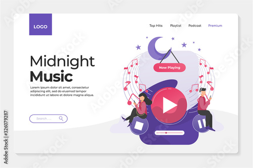 people flat illustration of listening to music playlist at midnight before sleeping. perfoct for landing page app mobile and website. icon song, sing and melody