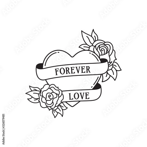 Wallpaper Mural Rose and heart tattoo with wording forever love. Traditional tattoo flowers old school tattooing style ink. Torontodigital.ca