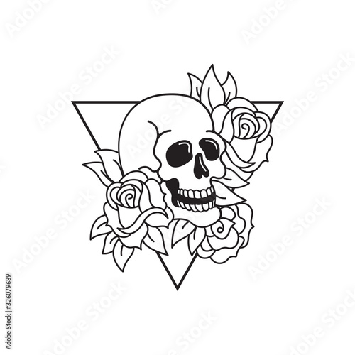 Rose and skull tattoo template. Traditional tattoo flowers set old school tattooing style ink.