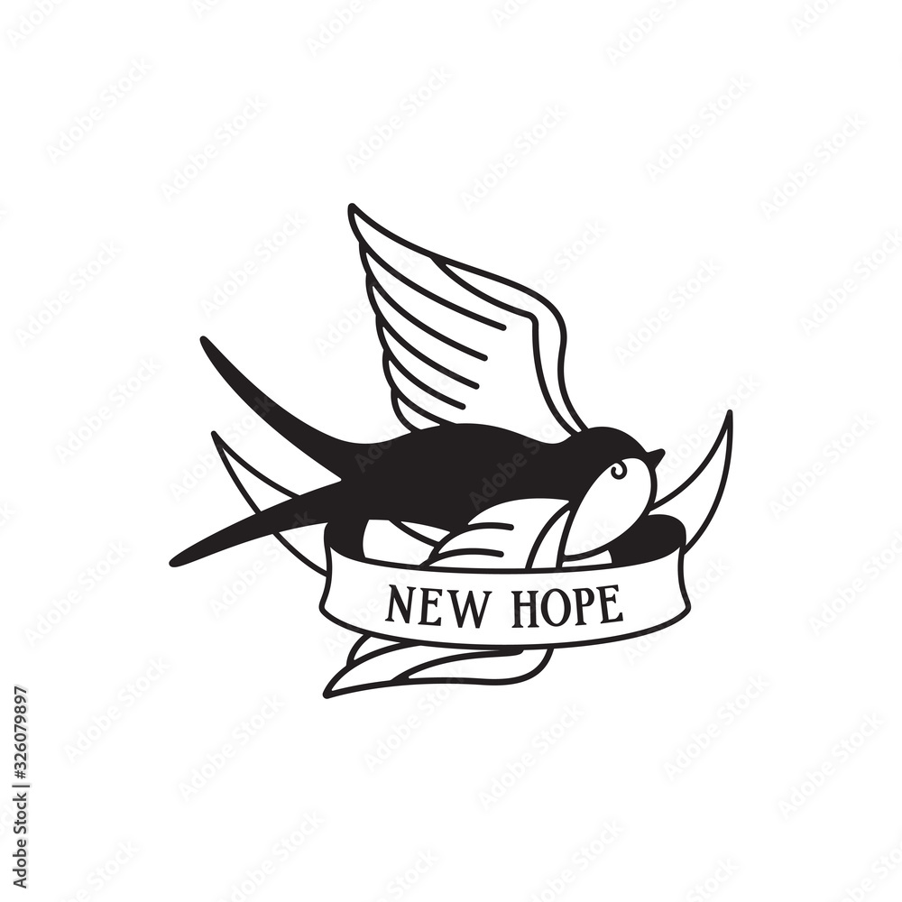 Swallow tattoo with wording new hope. Traditional tattoo swallow old school tattooing style ink.