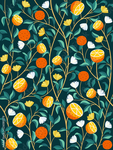 Seamless tropical fruit pattern background with oranges, flowers and spring branches. Vector illustration