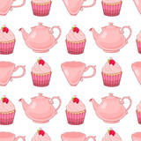 Vector raspberry cupcak and tea pot pattern