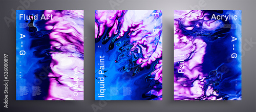 Abstract acrylic poster, fluid art vector texture collection. Beautiful background that can be used for design cover, invitation, presentation and etc. Blue, purple and white creative template.