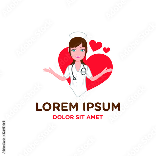 nurse logo, Beautiful smiling woman nurse isolated on white background. woman nurse with doctor presenting pose logo vector icon illustration