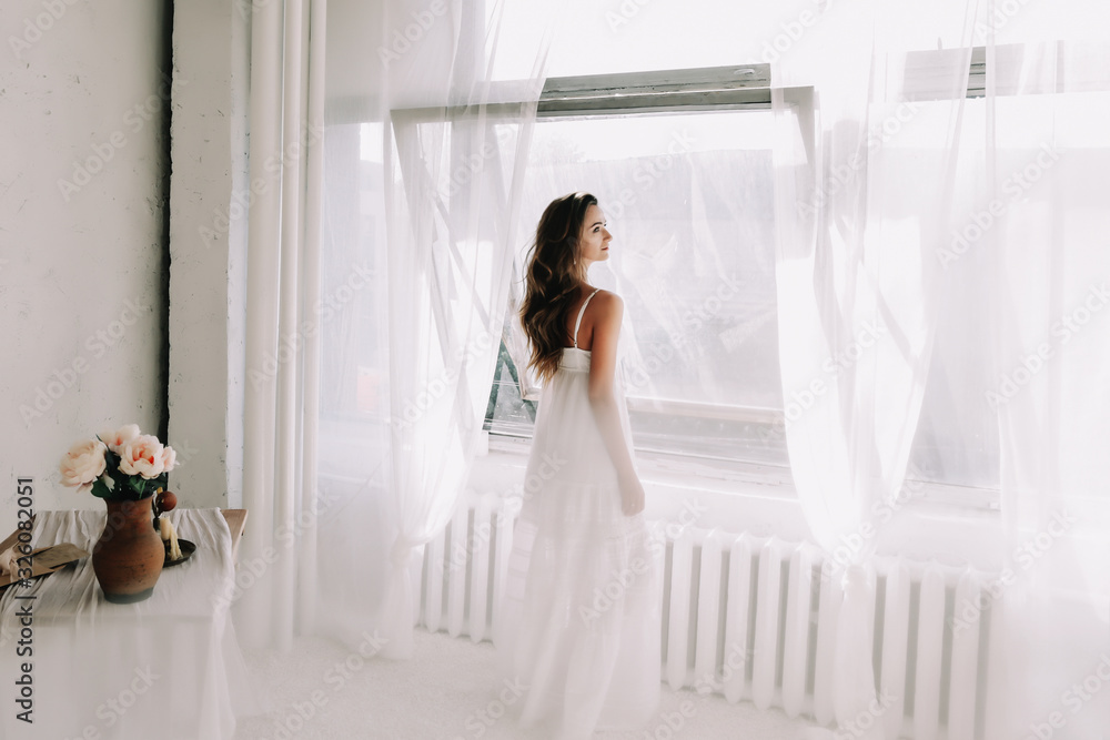 Portrait of a young beautiful woman. Bride in elegant classic wedding dress. Morning of the bride. Wedding preparations. Portrait of a young beautiful woman. Bride in elegant classic wedding dress. Morning of the bride. Wedding preparations.