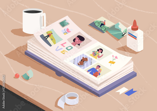 Open photo book on the wooden table. Sorting and attaching photo to pages of photographic album. Family memories. Cartoon vector illustration.