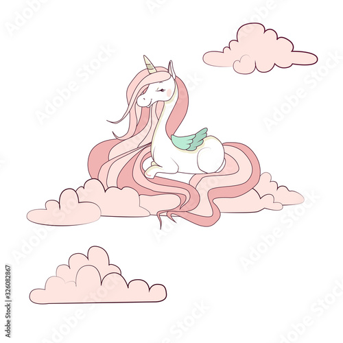 Funny cartoon unicorn character sleeping on a cloud isolated on white background. Fairy lovely pony. Children illustration. Doodle unicorn for cards, posters, t-shirt prints, textile design.