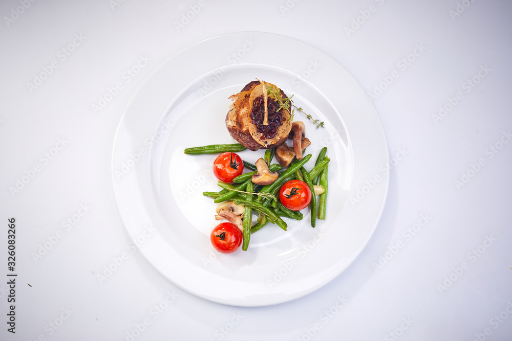 steak with vegetables, top view steak with vegetables, top view