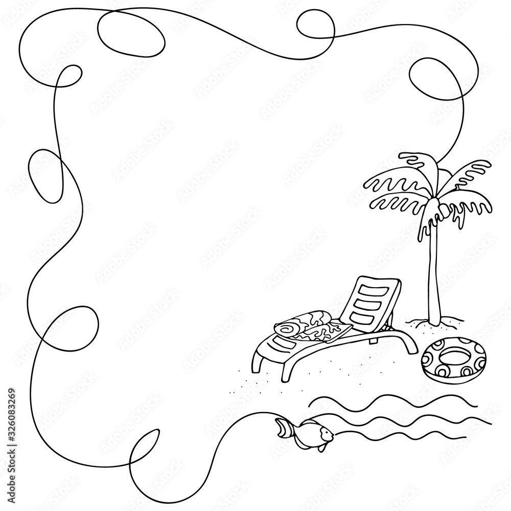 Curly border frame. Long curved line with palm tree, swim ring and