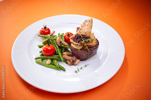 steak with vegetables, top view