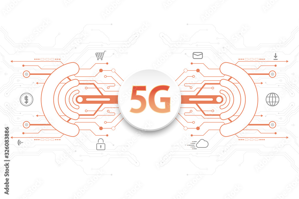5G technology concept with icons and digital element on white background