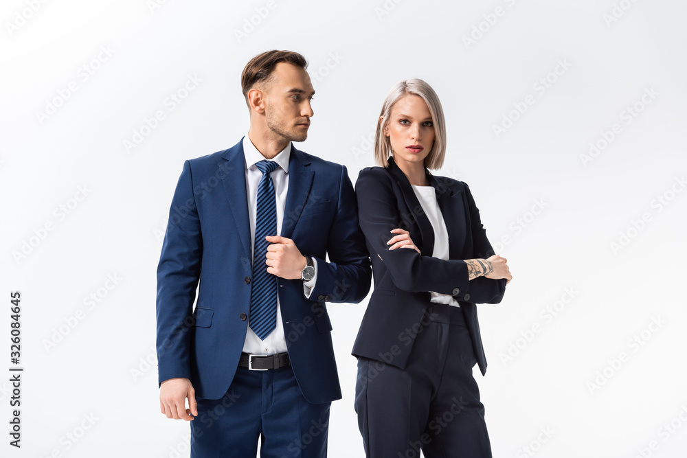 successful young tattooed businessman and businesswoman isolated on white successful young tattooed businessman and businesswoman isolated on white