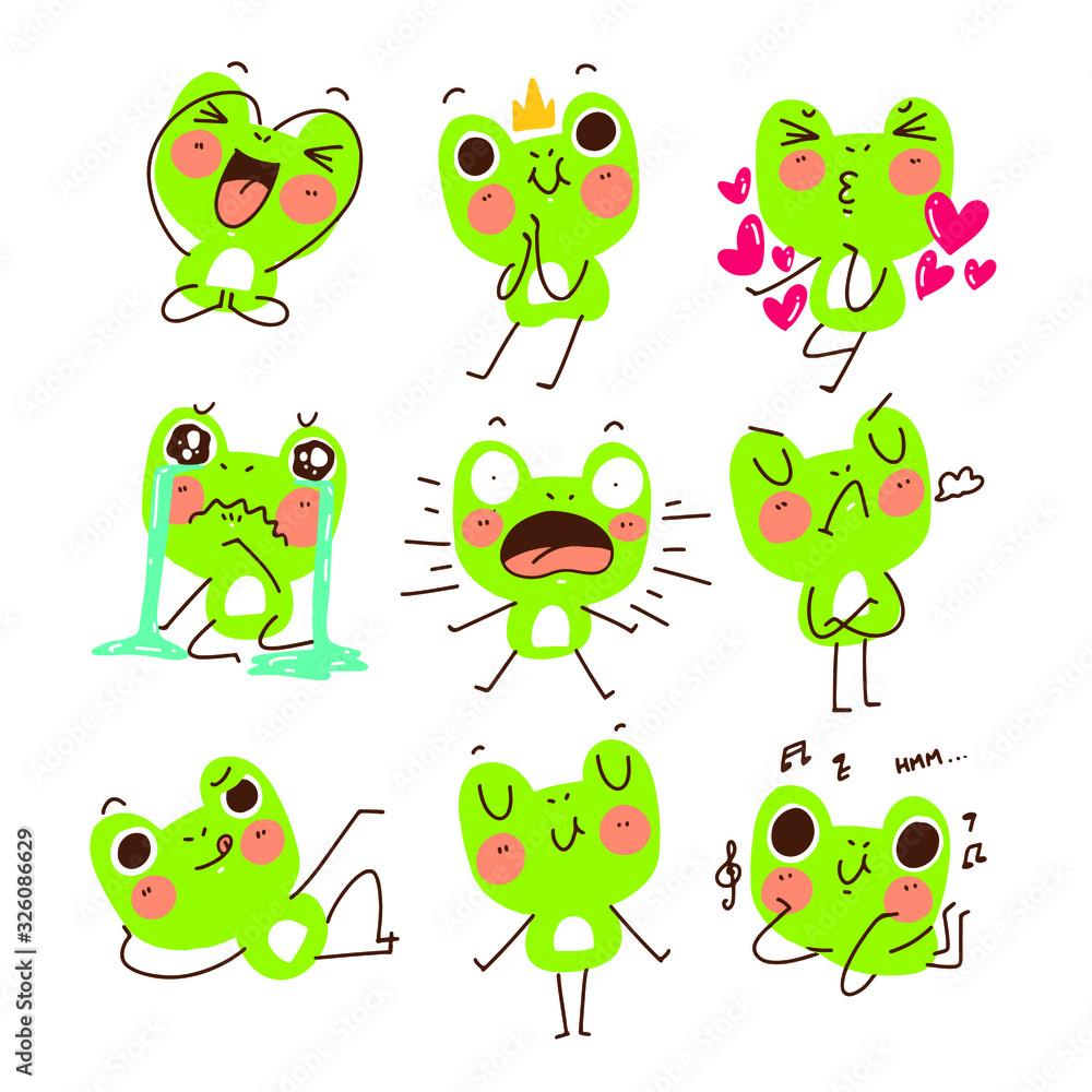 Obraz premium Adorable Cute Funny Frog Gesture Mascot Character Doodle Sketch Illustration Sticker Asset Set 1