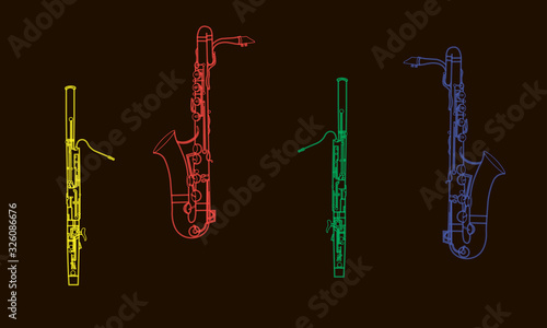 Outline saxophones and bassoons  contour illustration of wind musical instruments on a black background