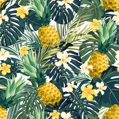 Keuken achterwand Ananas patronen Exotische palmbladeren en ananassen patroon  © Ms.Moloko