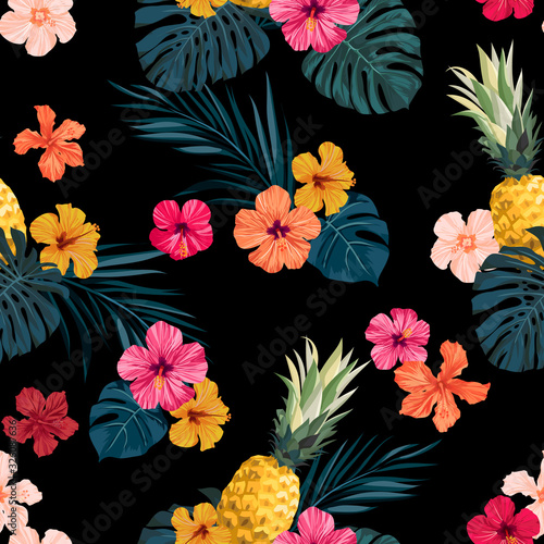 Seamless hand drawn tropical vector pattern with exotic palm leaves, hibiscus flowers, pineapples and various plants on dark background.