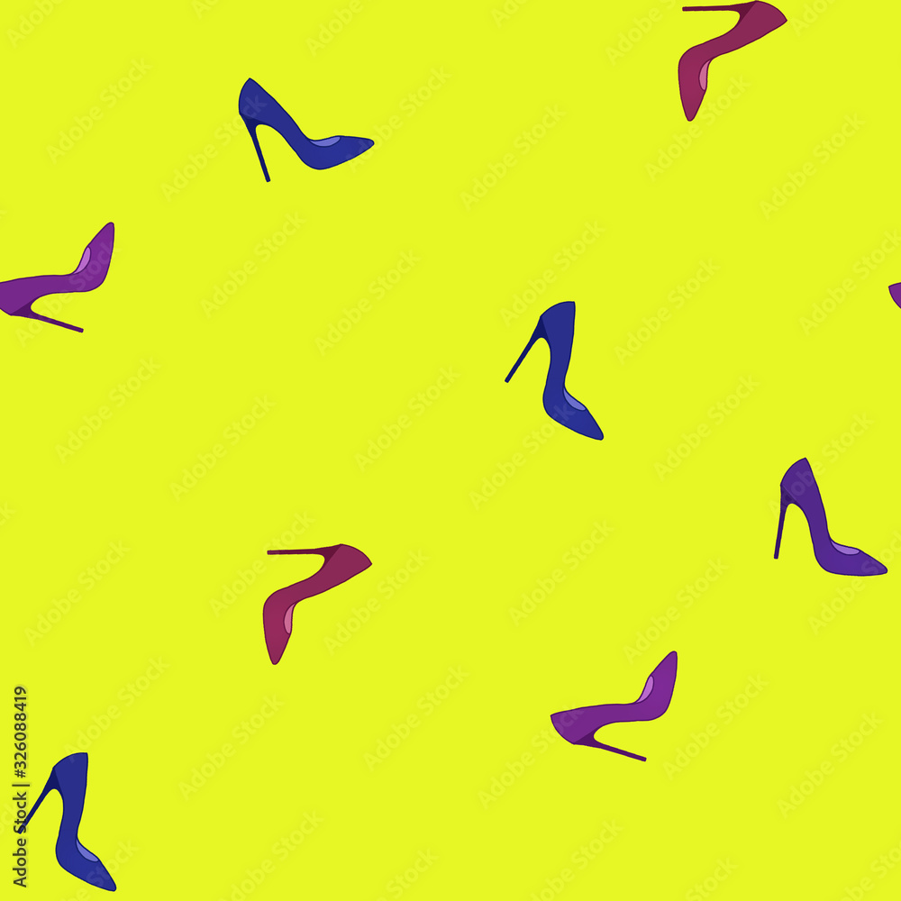 seamless shoe pattern. Glamour design element. High heeled violet shoes on yellow background for wrapping paper and sales packages. Fashion trendy illustration seamless shoe pattern. Glamour design element. High heeled violet shoes on yellow background for wrapping paper and sales packages. Fashion trendy illustration